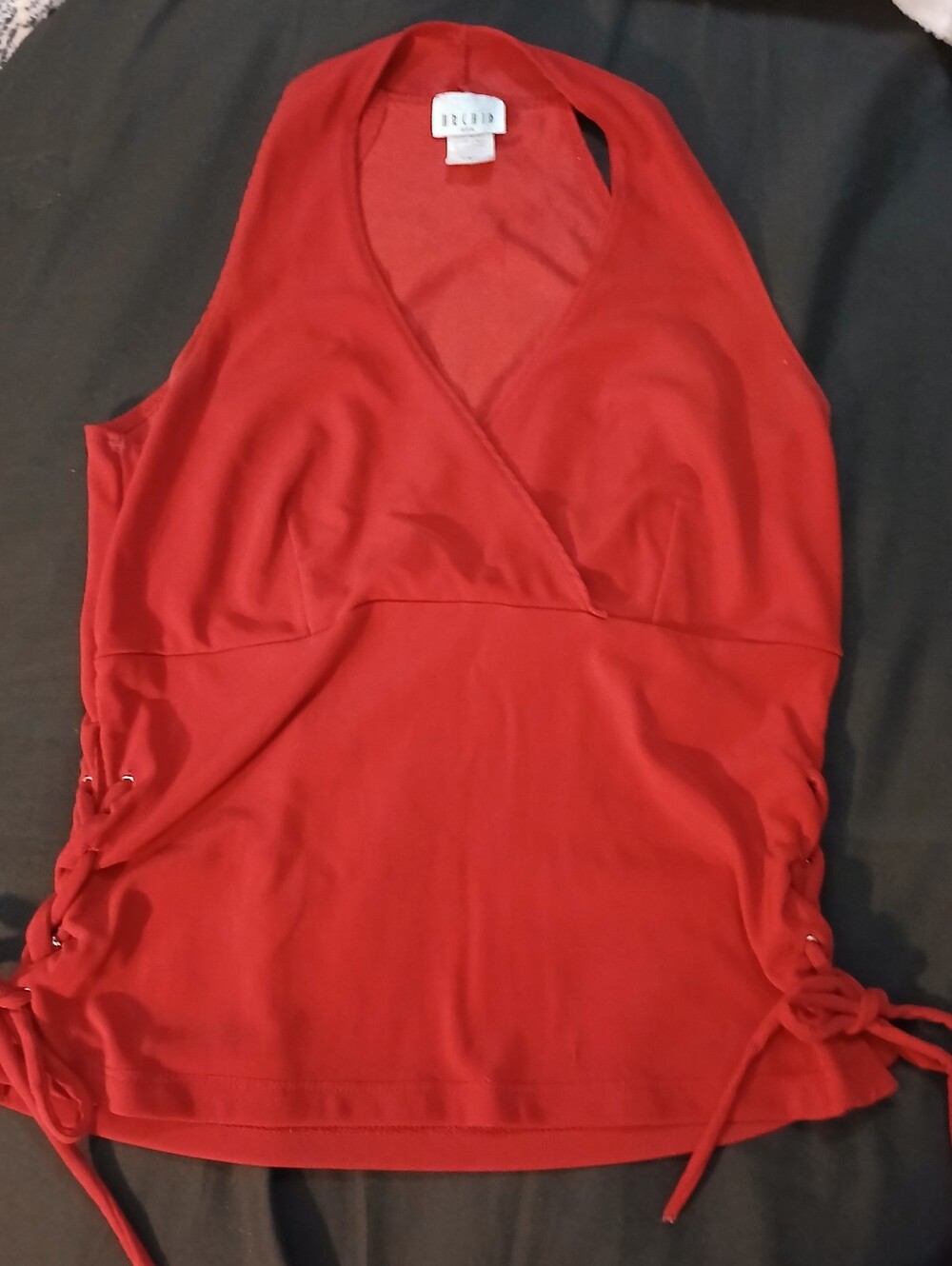 Pre-loved BCBG Red Halter Tank Top with Side Lace-Up.